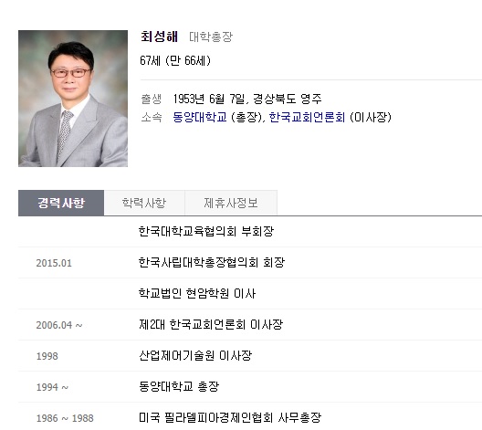 최성해 동양대 총장은 2006년 4월 한국교회 언론회 2대 이사장으로 취임한 이래로 지금까지 그 직을 유지하고 있다. (출처=네이버 인물검색)