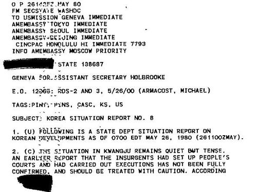 미국 국무부가 5·18 당시 생산한 '한국 모니터링 그룹 상황 보고 제8호(Korea Situation Report No. 8, 05/26/1980)'(사진=U.S. Department of State - Freedom of Information Act)